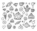 Set of Hand drawn Kids icons. Doodle style. Vector objects from a child`s life. Abstract birthday elements for bruches. Sweets Royalty Free Stock Photo